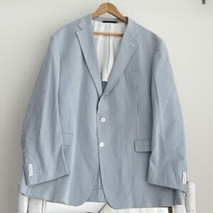 HASPEL Seersucker Blazer Mens 50 Blue White Striped Sport Coat Hamptons Derby